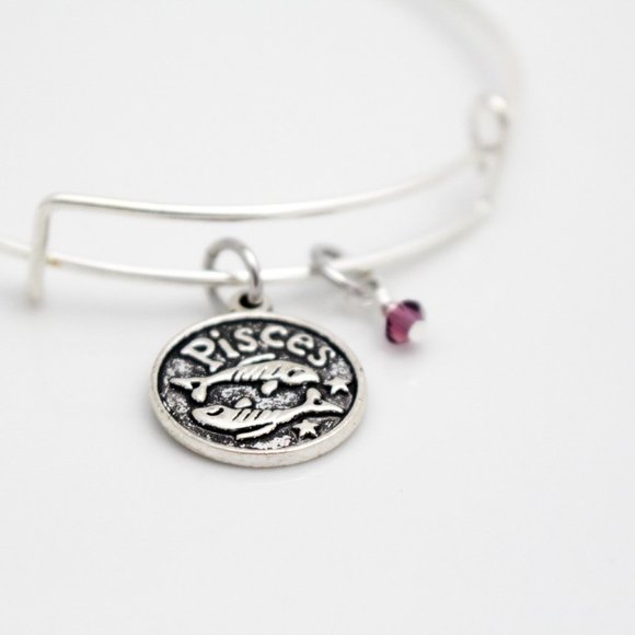 February Pisces Adjustable Charm Bangle - Handmade Zodiac Bracelet - Picture 6 of 11
